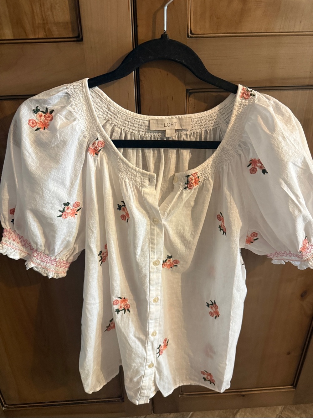 LOFT White Button-Front Peasant Blouse with Pink Floral Embroidery - Picture 6 of 7